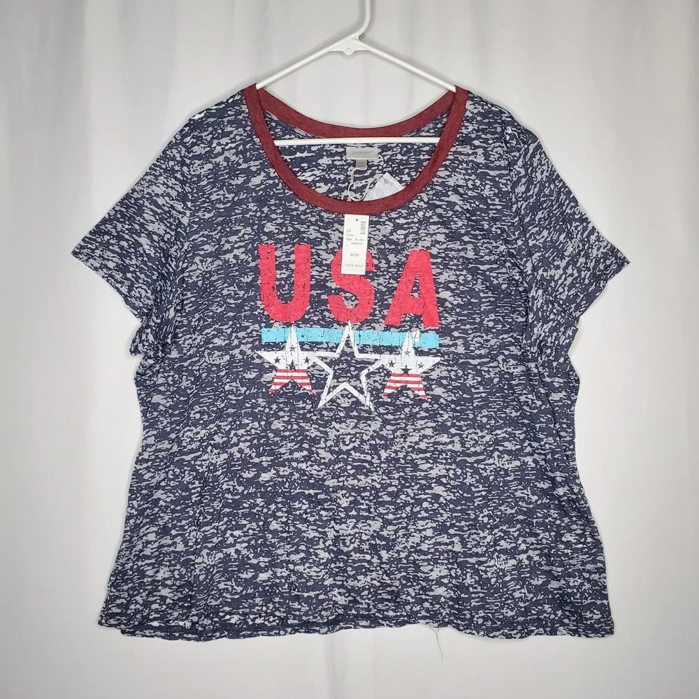 Avenue Burnout USA T-Shirt Women‎ 22/24 Red Blue Boxy Lightweight Short Sleeve